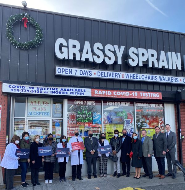 Elected officials and others gather at the Grassy Sprain Pharmacy in Yonkers on Dec. 15 in support of state legislation to protect local pharmacies.