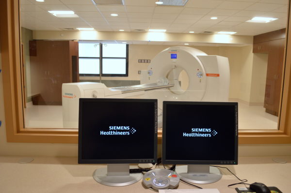 Phelps PET/CT scanner from control booth. Photo by Peter Katz.