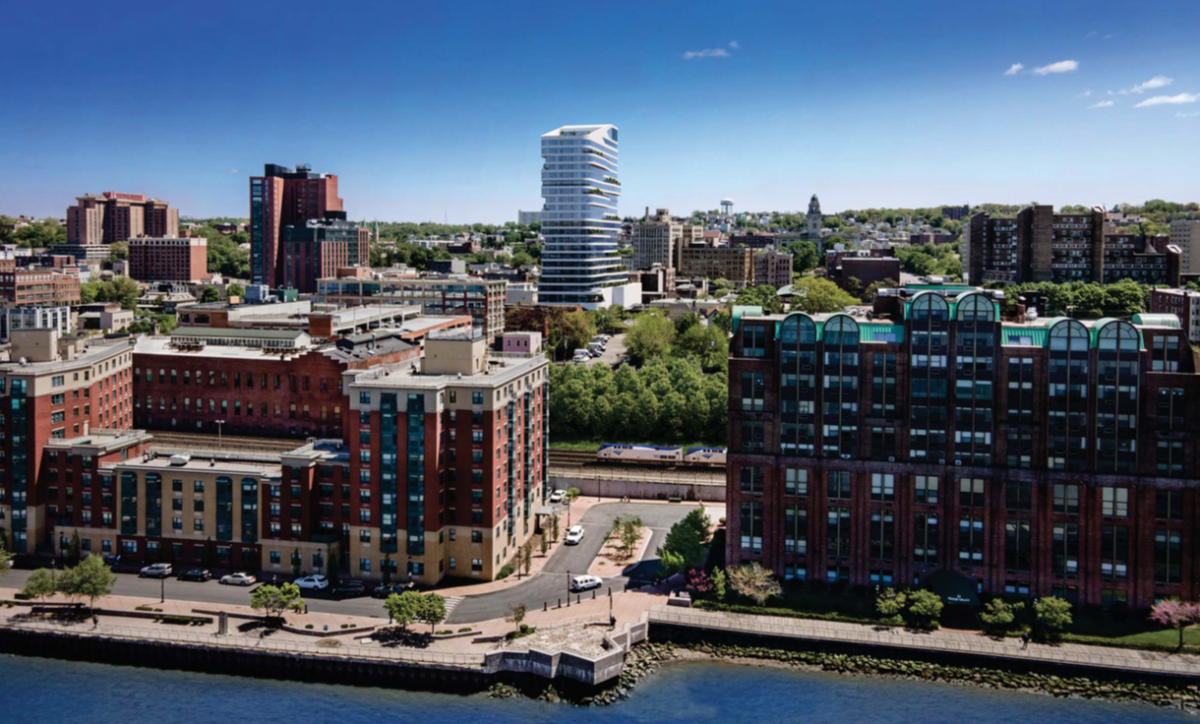 Rendering of 44 Hudson St., Yonkers, building in center, as seen from above Hudson River.