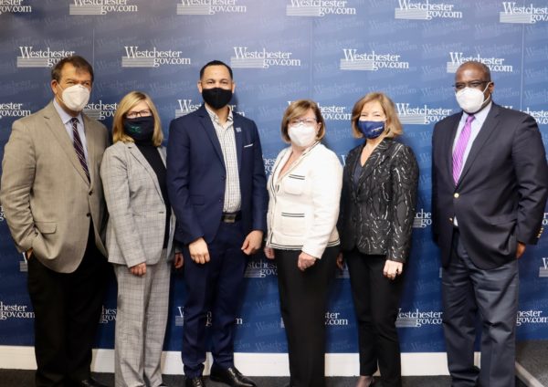 From left: George Latimer; Deborah Novick; program participant Jose Hidalgo; Bridget Gibbons; Carola Otero Bracco; and Ken Jenkins at the second season Launch1000 announcement Feb. 10.