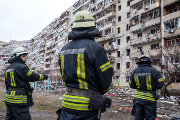 A residential building damaged by Russian aircraft attack in the Ukrainian capital Kyiv.