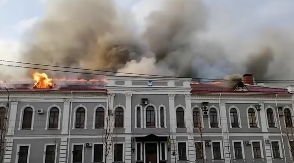 Building hit in Russian assault on Ukraine. Photo from Ukrainian government.