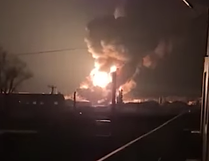 Oil tank outside of Kyiv blows up after bombardment by Russians. Photo from Ukrainian government.