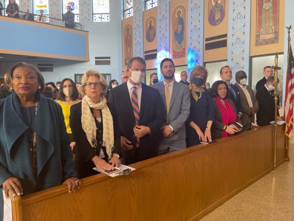 From left -- NY State Sen. Majority Leader Andrew Stewart-Cousins; State Sen. Shelly Mayer; George Latimer; Westchester Legislator David Tubiolo; Ellen Hendrickx, Greenburgh Town Council; Catherine Borgia, Board of Legislators chair; Westchester Legislator Vedat Gashi; Deputy County Executive Ken Jenkins; Legislators Damon Maher and James Nolan.