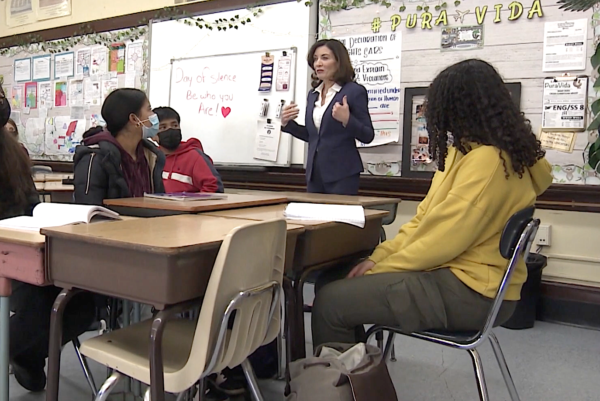 Hochul in a classroom at Enrico Fermi School.