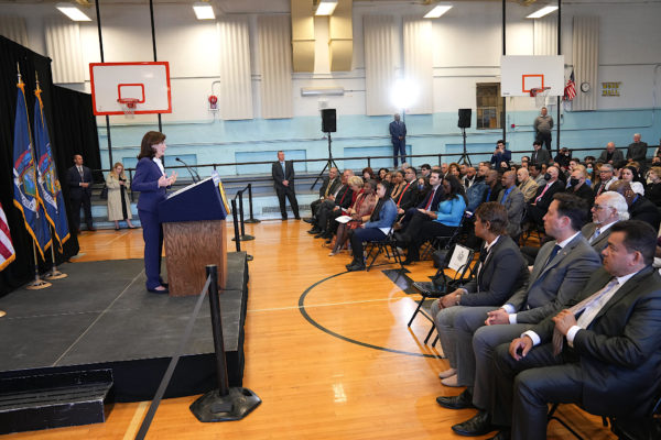 Gov. Hochul speaking at Enrico Fermi School in Yonkers on April 28.