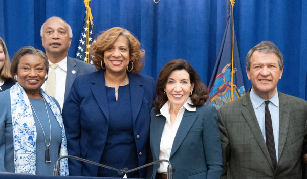 From left: State Sen. Majority Leader Andrea Stewart-Cousins; Assemblyman J. Gary Pretlow; Mayor Shawyn Patterson-Howard; Gov. Kathy Hochul; County Executive George Latimer.