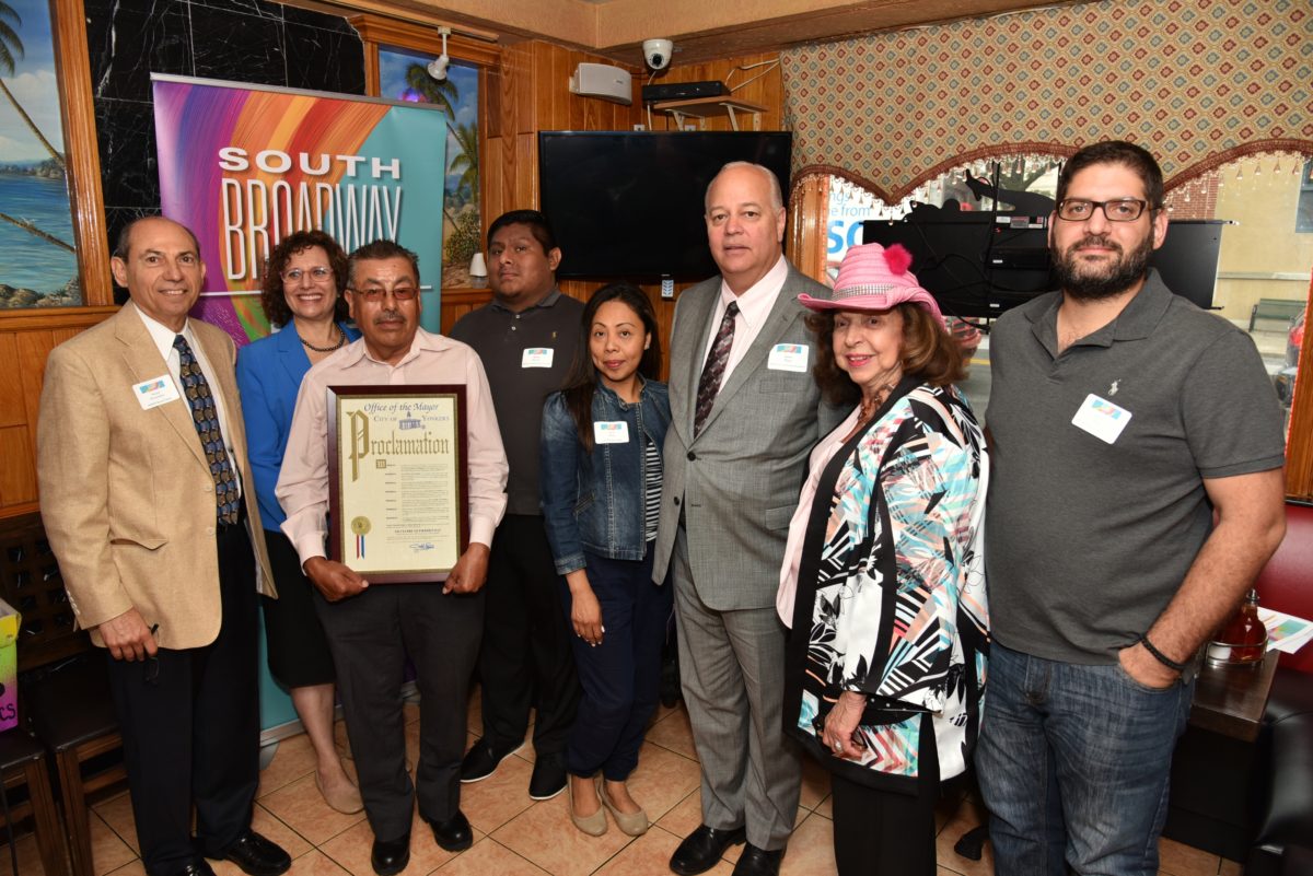 Dennis Monasebian, far left, with SBBID board when Silvestre Gutierrez, second from left, was honored by Yonkers Mayor Mike Spano.