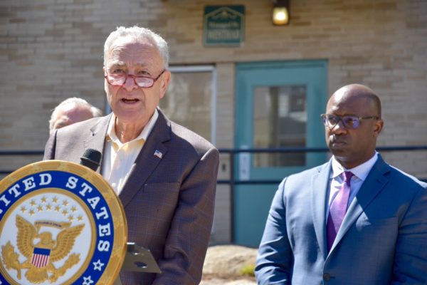 Sen. Schumer, left, and Rep. Bowman in Yonkers on April 20.