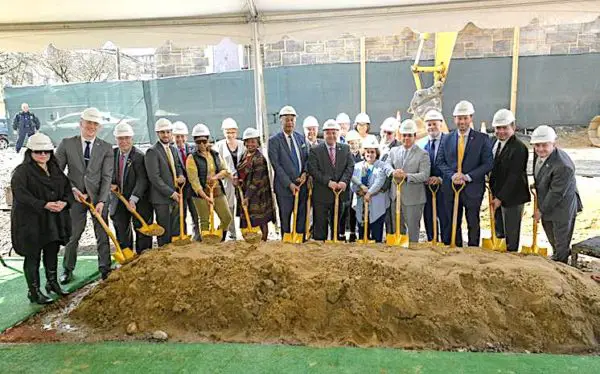 From left: Betty A. Rosa; Westchester County Legislator James Nolan; Yonkers Council Minority Leader Mike Breen; Westchester County Legislator David Tubiolo; Yonkers Councilmember Anthony Merante; Yonkers Council Majority Leader Tasha Diaz; Yonkers Board of Education Trustee Gail Burns; New York State Majority Leader Andrea Stewart-Cousins; New York State Assemblyman Gary Pretlow; New York State Assemblyman Nader Sayegh; Mike Spano; Yonkers Board of Education Trustee Kevin Cacace; Yonkers Board of Education Trustee Sheila Greenwald; Yonkers Board of Trustee Rosemarie Linton: Yonkers Board of Education Vice President Dr. Rosalba Corrado Del Vecchio; Rev. Steve Lopez; Superintendent of Yonkers Schools Dr. Edwin Quezada; Yonkers Joint School Construction Board member Robert Rijos; Westchester County Legislator Jose Alvarado; Yonkers Joint School Construction Board member Ron Matte.