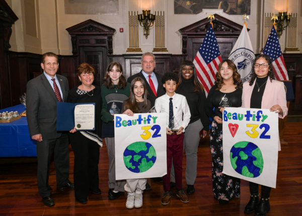 Student Leadership Award winners from Family School 32 with Mayor Spano in center. Photo by Maurice Mercado, City of Yonkers.