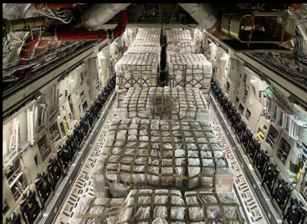 Air Force C-17 Globemaster loaded with 78,000 pouns of baby formula en route to Indianapolis, IN, from Europe.