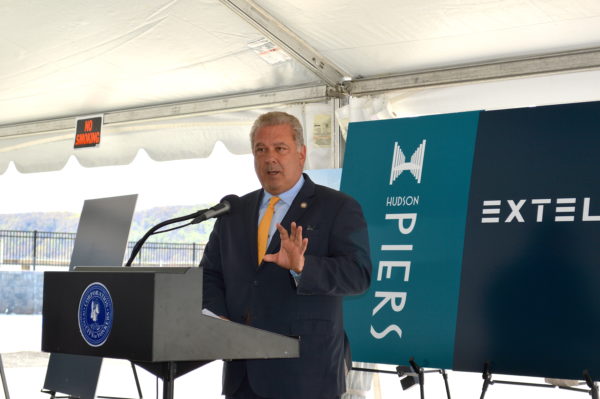 Yonkers Mayor Mike Spano speaking at the Hudson Piera groundbreaking on May 5. Photo by Peter Katz.
