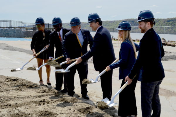 Ceremonial shovels in the ground at the Hudson Piers groundbreaking. Photo by Peter Katz.