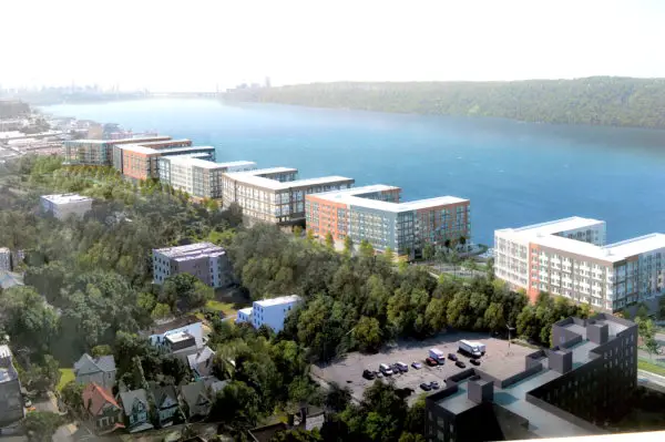 Rendering of the six waterfront buildings in the Hudson Piers development.