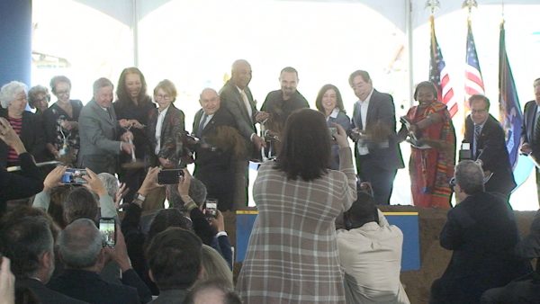 Ceremonial shovels lifted at Regeneron groundbreaking. Photo by Peter Katz.