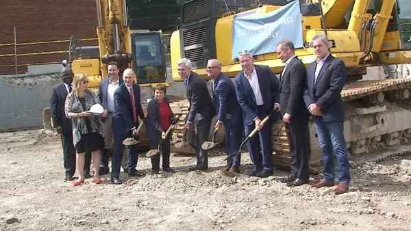 Elected officials join with Southern Land executives for the groundbreaking at the former YMCA site in White Plains. Photo by Peter Katz.