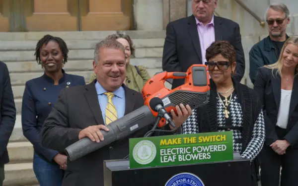 Mayor Mike Spano announcing electric leaf blower rebate program at Yonkers City Hall.