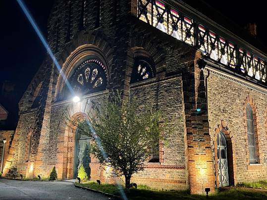 New LED lights illuminate St. John's Episcopal Church. Photo by Yonkers Downtown Waterfront BID.