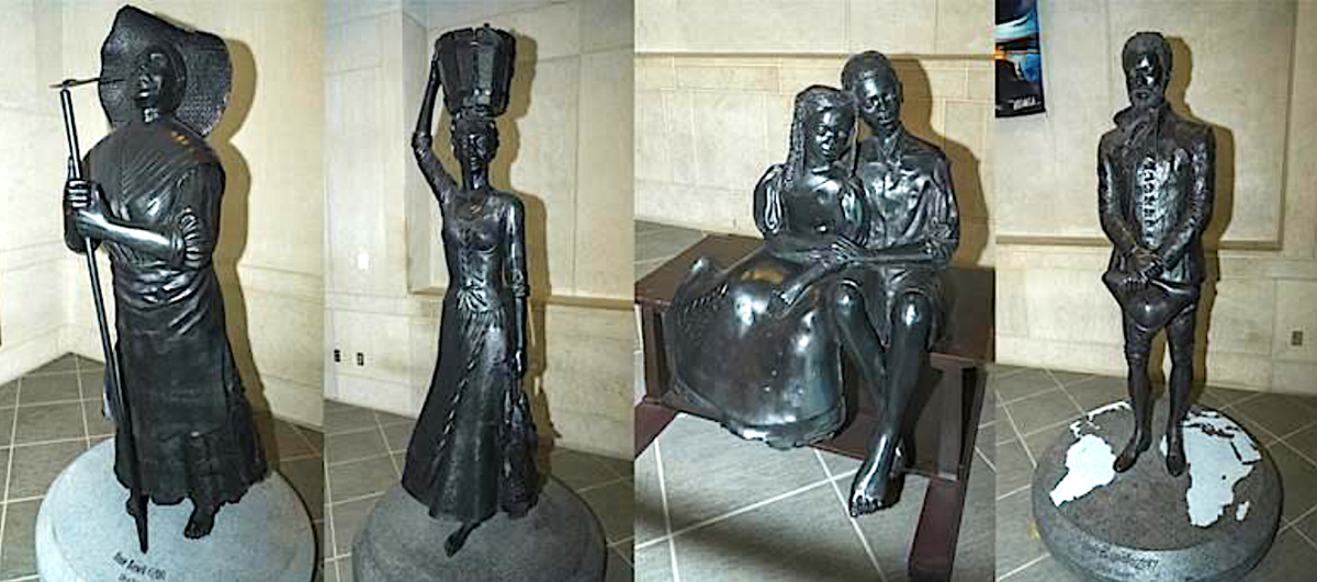 Life-sized bronze public artworks of enslaved Africans created by Vinnie Bagwell. From left: :â€œBibi,â€ â€œIâ€™Satta,â€ â€œSola,â€ â€œOlumide,â€ and â€œThemba the Boatman.â€ Photo by Maurice Mercado/City of Yonkers.