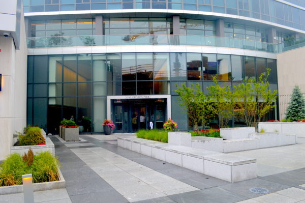 One Clinton Park main entrance and plaza. Photo by Peter Katz.