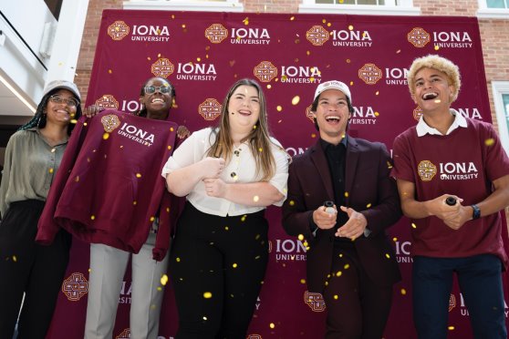 Some of the Iona University students celebrating following the July 12 announcement. From left: Alesandra Payne; Tonian Fullerton; Maria Foley; Brenden Martinez ; and Devon Gabriel.