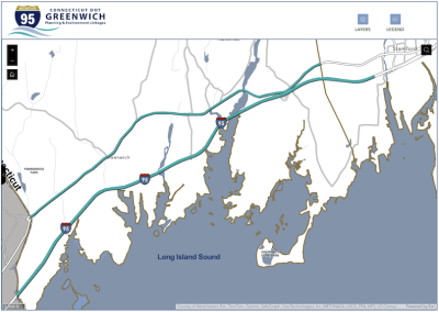 Map showing I-95 in Greenwich, where Connecticut DOT worker Traymont Tucker was killed in a construction zone crash.